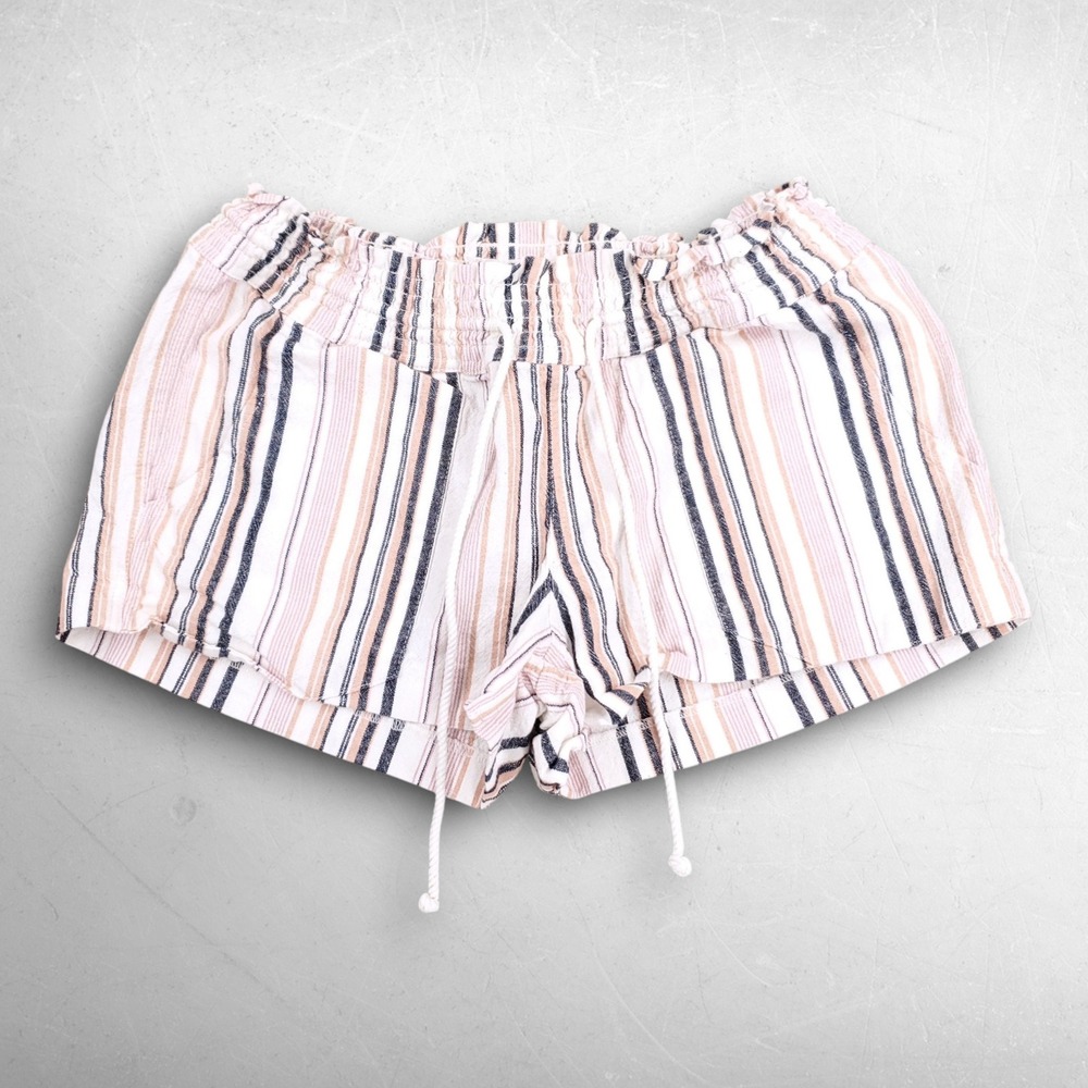 Roxy Smocked Sailing Dream Shorts Women M Pink Blue Stripe Cotton Coastal Surf
